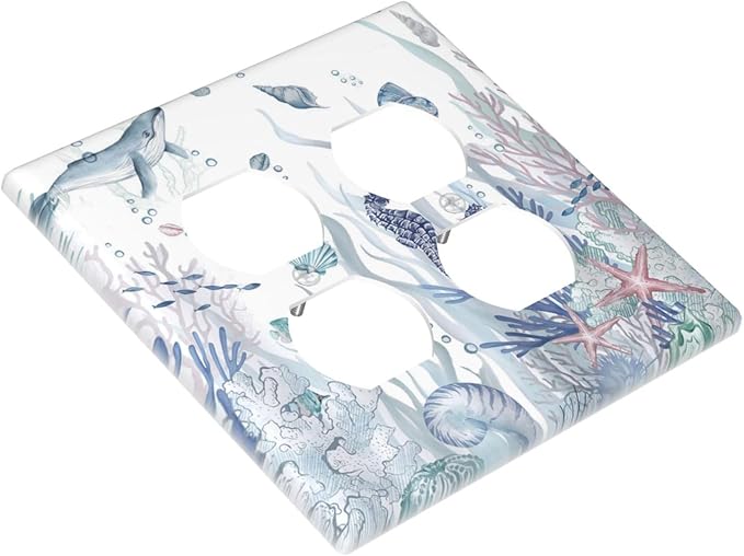 Ocean Themed Coral Seahorse Seashell Starfish Beach Outlet Covers 2 Gang Double Duplex Decorative Light Switch Covers Electrical Wallplates Socket Faceplate for Bathroom Home Decor