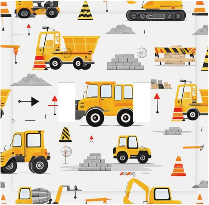 Construction Vehicles & Trucks Pattern Double Toggle Switch Cover - 2-Gang Standard US Size Little Builder's Dream Light Switch Covers for Boy's Bedroom Decor