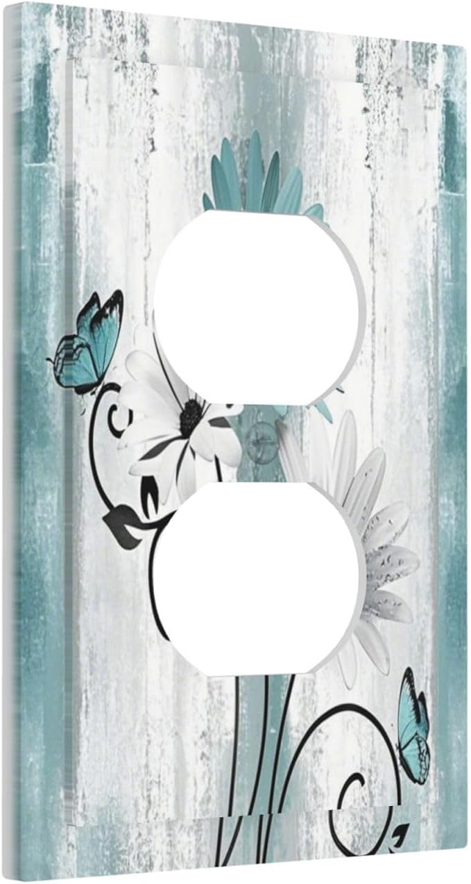Decorative Outlet Covers Teal Daisy Floral Butterfly Vintage Wood 1 Gang Duplex Light Switch Cover Plate Electrical Switch plates WallPlates Socket Covers for Bathroom Bedroom Decor