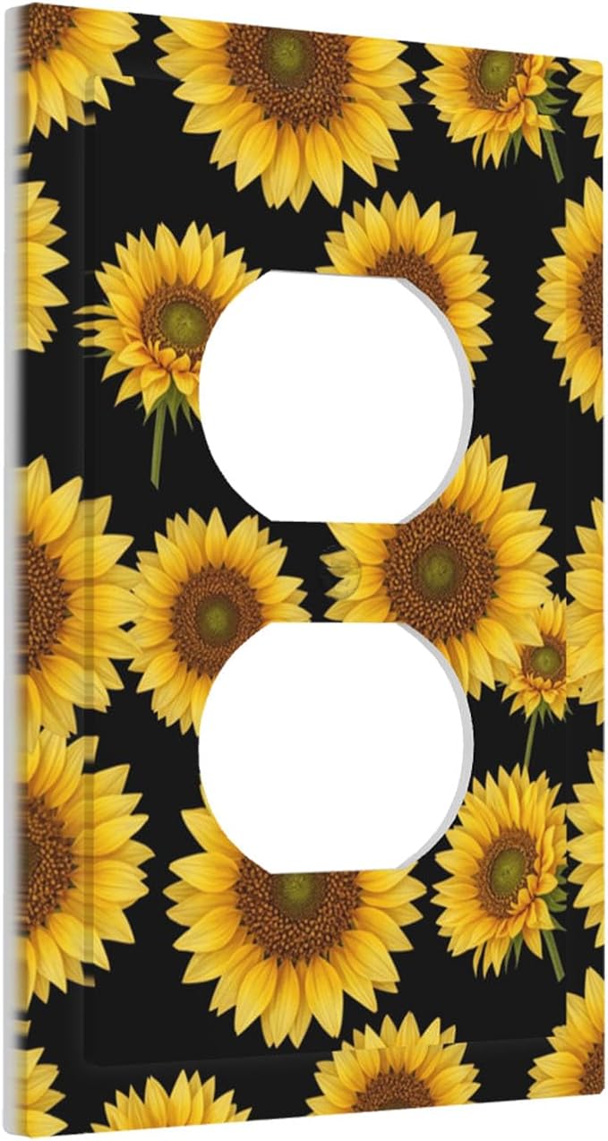 Sunflower Fields Duplex Wall Plate - 1-Gang Standard US Size Vibrant Sunflower on Black Outlet Covers, Boho Sunny Garden for Bedroom Decor