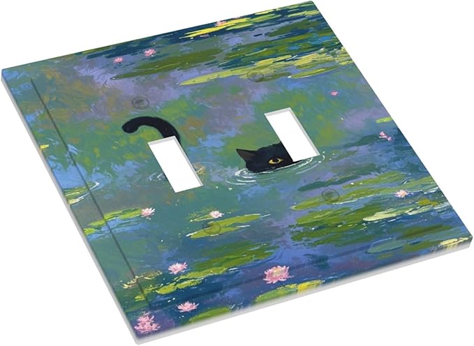 Light Switch Cover Plate Cute Black Cat Water Lily Pond Watercolor 2 Gang Double Toggle Decorative Switch Plates Plug Cover Wall Plates Electrical Faceplate for Kids Room Nursery Decor