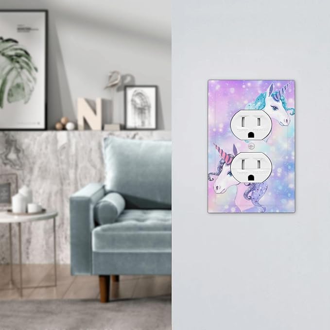 Purple/Blue Rainbow Unicorn 1 Gang Duplex Wall Plate Receptacle Outlet Covers Fantasy Cute Kawaii Kid Girl Star Cartoon Fairy Decorative Electrical Dual Device Light Switch Plug Socket Faceplate Cover