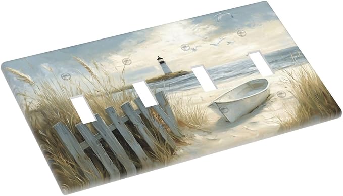 Sea Beach Quad Toggle Light Switch Cover Old Ship Reed Lighthouse Seascape 4 Gang Wall Plate Decorative Electrical Switchplates Covers for Country Bathroom Bedroom Living Room Decor