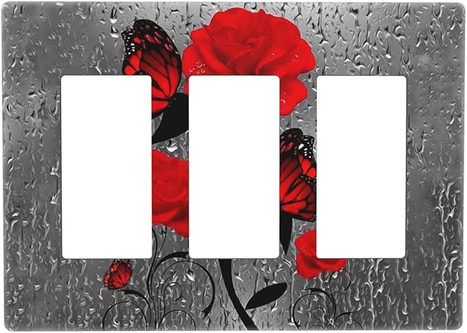 Butterfly Red Rose Flower 3 Gang Triple Rocker/Decor Light Switch Wall Plate Cover Decorative Electrical Faceplate For Girls Living Room Bedroom Decor Screwless 6.57" x 4.65