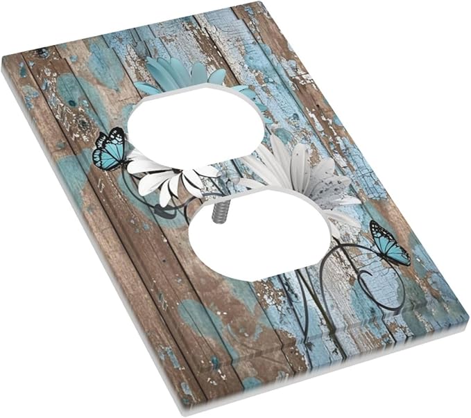 Outlet Covers Rustic Flower Teal Turquoise Daisy Butterfly 1 Gang Duplex Light Switch Cover Decorative Switch Plates Electrical Receptacle Faceplate Wall Plate For Farmhouse Cabin Decor