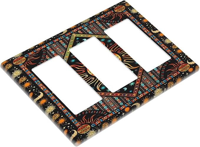 Light Switch Cover Boho Burning Sun Hippie Retro Bohemian Gypsy 3 Gang Wall Plate Triple Light Switch Plate Rocker GFCI Outlet Covers Decorative Receptacle Cover for Bathroom Home Decor