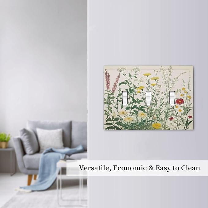 Rustic Wildflower Green Plants Daisy Floral Decorative Switch Plates 3 Gang Wall Plate Triple Toggle Light Switch Cover Faceplate Electrical Wall Panels For Farmhouse Bed Room Decor
