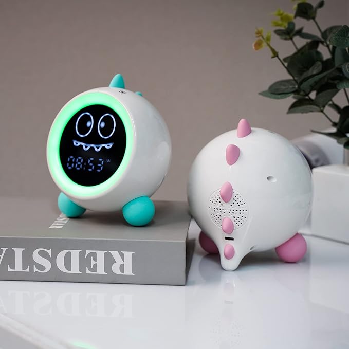 Kids Alarm Clock, Toddler Sleep Training Clock with Night Lights, Sound Machine, Time to Wake Dinosaur Alarm Clock for Children, Gift Ideas for Kids Toddler Boy Girl (Green)
