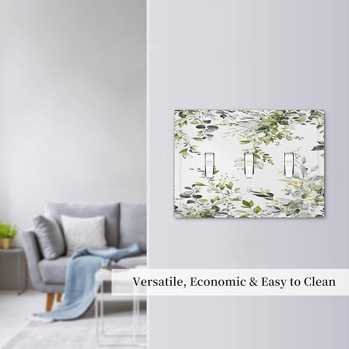 Eucalyptus Sage Green Leaf Plant Floral Decorative Switch Plates 3 Gang Wall Plate Triple Toggle Light Switch Cover Faceplate Electrical Wall Panels for Bedroom Living Room Decor