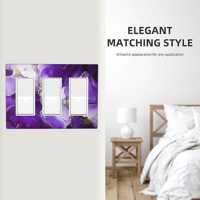 Decorative Outlet Covers Abstract Luxury Purple Gold Marble Textures 3 Gang Wall Plate Triple Rocker Light Switch Cover Plate Jumbo Electrical GFCI Face Plate for Bathroom Kitchen Decor