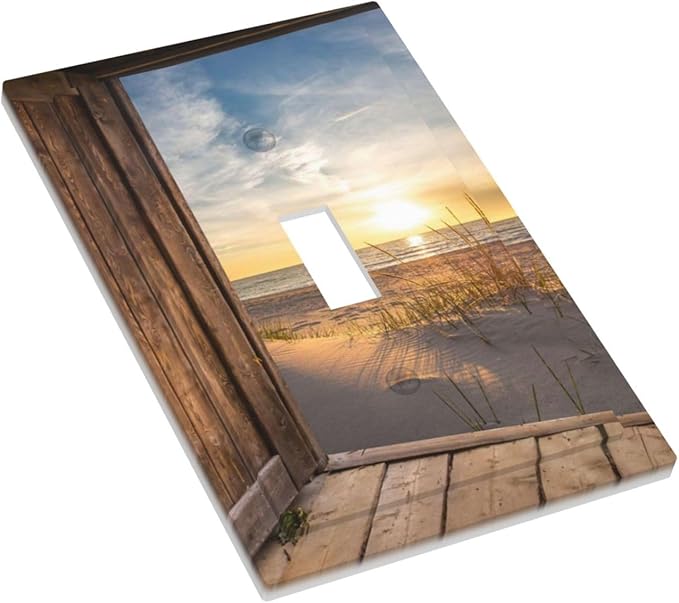 Sun Beach Grass Ocean Landscape Single Toggle Wall Plate Covers 1 Gang Light Switch Cover Farmhouse Western Brown Barn Door Faceplate Decorative Electrical for Bathroom Kitchen Home Decor