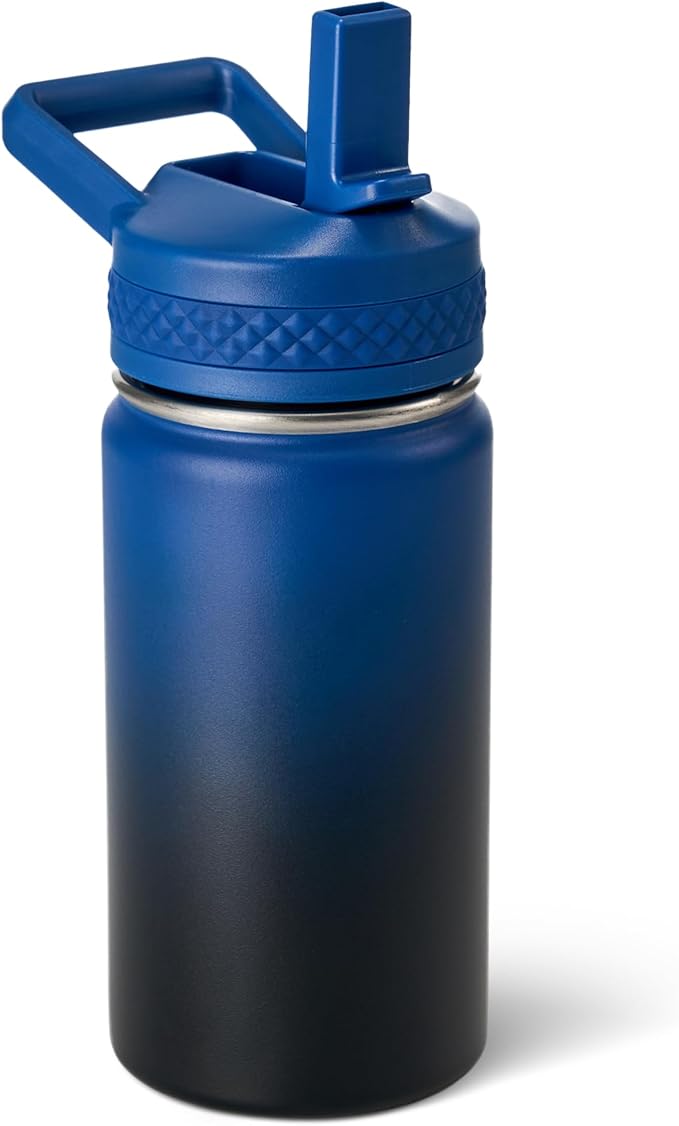 Fijinhom 12 oz Kids Water Bottle, Toddler Water Bottle with Straw, Boys&Girls Bottle for School, 304 Stainless Steel Vacuum Insulated Bottle for Kids, BPA-Free, Leak-Proof, Blue Black