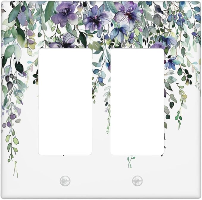 Decorative Outlet Covers Blue Purple Eucalyptus Leaves Boho Botanical 2 Gang Double Rocker Light Switch Cover Decorative Switch plates Electrical Wallplates GFCI Receptacle for Bathroom Home