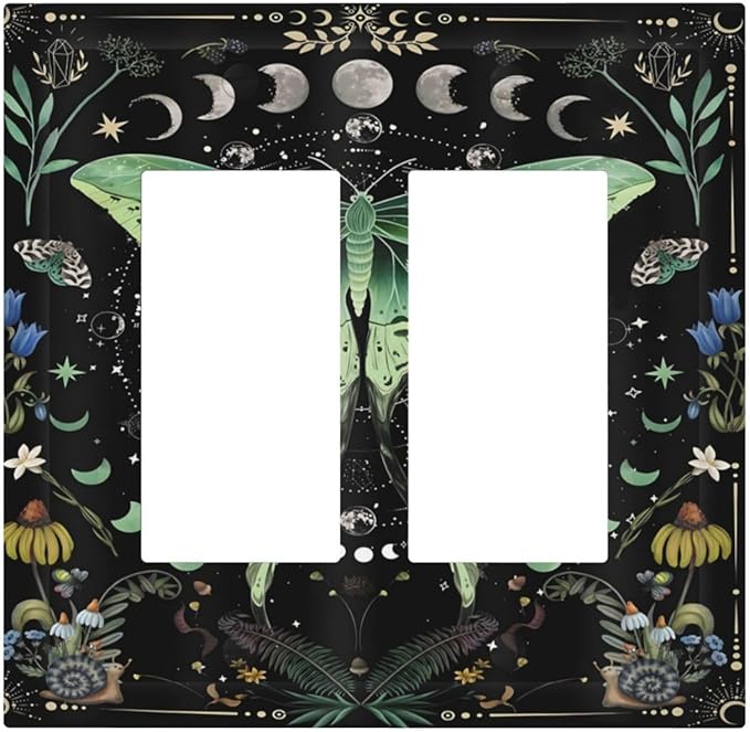 Moon Phase Butterfly Wildflower Plant Mysterious Night Moonlit Decorative Outlet Covers 2 Gang Double GFCI Rocker Electrical Wall Panels Light Switch Cover Plate for Bedroom Living Room Decor