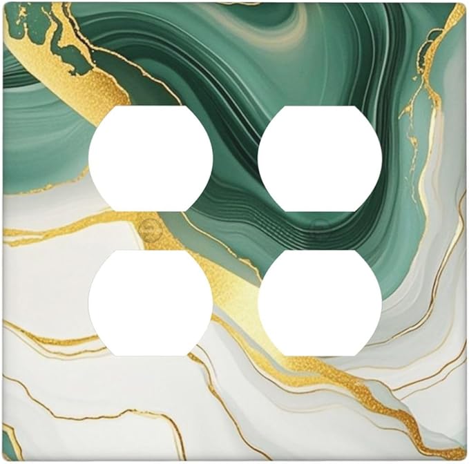 Outlet Covers Turquoise Marble Texture Golden Lines 2 Gang Double Duplex Decorative Light Switch Covers Electrical Wallplates Socket Faceplate For Bed Room Bathroom Decor