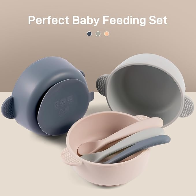 Eascrozn Silicone Baby Feeding Set, 3 Pack Baby Bowls with Suction and 3 Pack Baby Spoons for Babies Toddlers Kids, BPA Free, Baby Utensils Feeding Supplies, Microwave and Dishwasher Safe