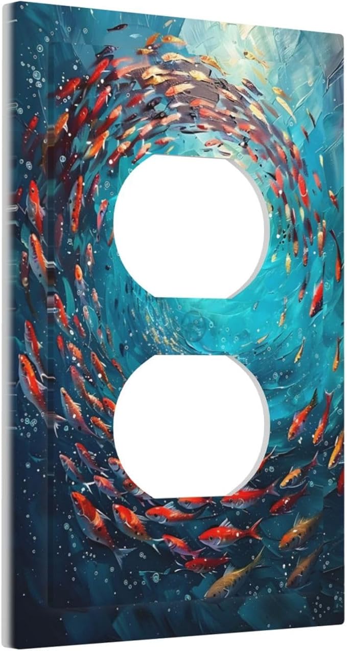 Ocean Fish School Of Fish Vortex Deep Sea Outlet Covers 1 Gang Duplex Light Switch Cover Decorative Switch Plates Electrical Receptacle Faceplate Wall Plate for Kids Room Bedroom Decor