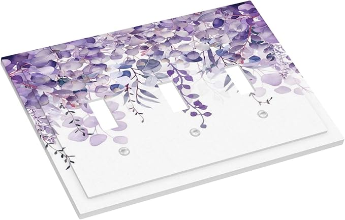 Purple Plants Leaves Eucalyptus Vine Floral Flowers Decorative Switch Plates 3 Gang Wall Plate Triple Toggle Light Switch Cover Faceplate Electrical Wall Panels for Bedroom Living Room Decor