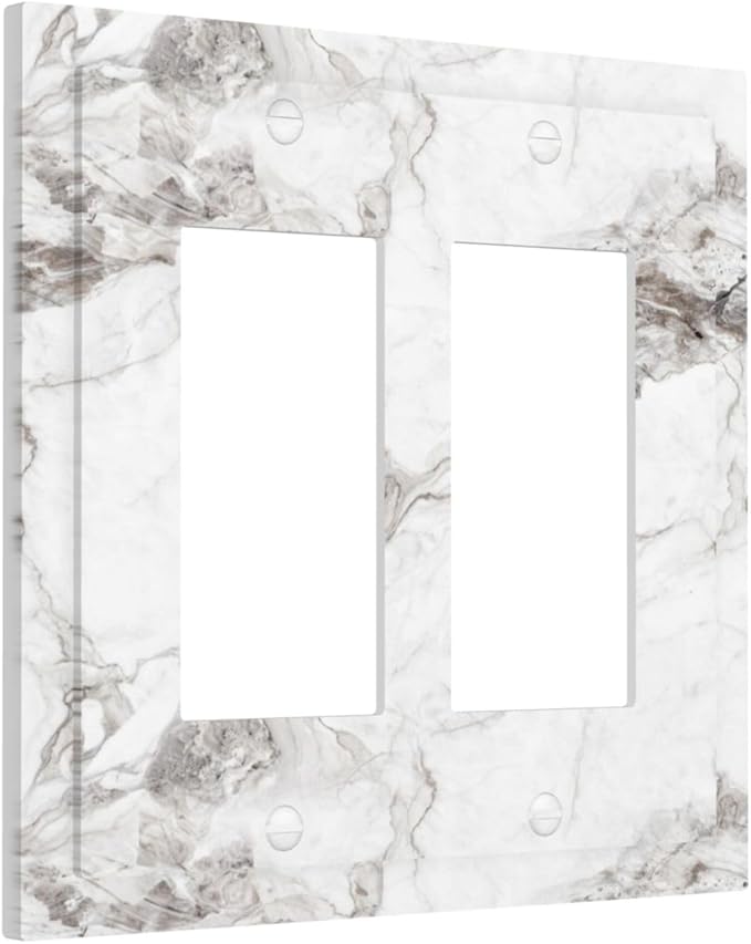 White And Gray Marble Patterns Texture Abstract Print Decorative Outlet Covers 2 Gang Double GFCI Rocker Electrical Wall Panels Light Switch Cover Plate for Bathroom Kitchen Decor