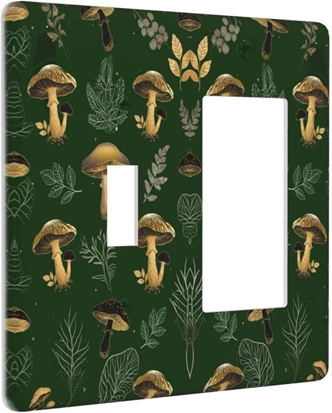 Decorative Outlet Covers Cute Gold Mushtroom Green Plant Leaf 2 Gang Light Switch Cover Plate Single Toggle 1 Rocker Wall Plates for Electrical Outlets Switch Plate Covers for Home Decor