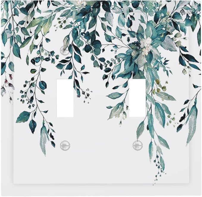 Decorative Light Switch Cover Plate Green Eucalyptus Boho Olive Leaves Country Unique 2 Gang Wall Plate Cover Double Toggle Switch Plate Covers Electric Dual Device Electrical Faceplate