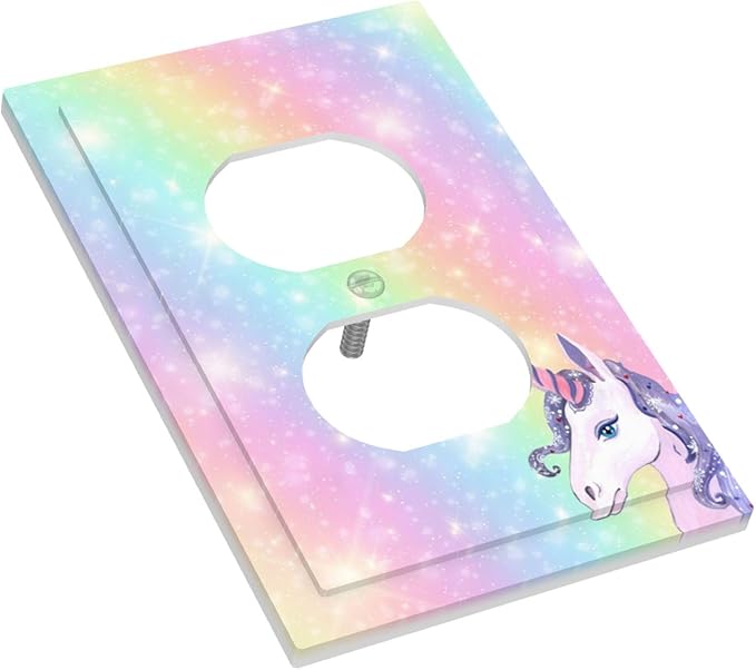 Rainbow Unicorn Duplex Wall Plate - 1-Gang Standard US Size Pastel Galaxy Sparkle Outlet Covers, Magical Fantasy for Kids Bedroom