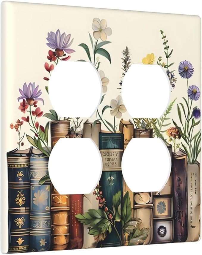 Plant Floral Books Colorful Flower Outlet Covers 2 Gang Double Duplex Decorative Light Switch Covers Electrical Wallplates Socket Faceplate for Kids Room Bedroom Decor