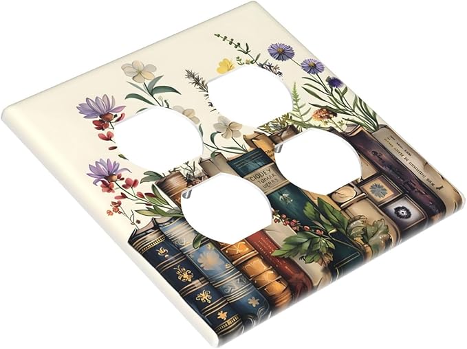 Plant Floral Books Colorful Flower Outlet Covers 2 Gang Double Duplex Decorative Light Switch Covers Electrical Wallplates Socket Faceplate for Kids Room Bedroom Decor