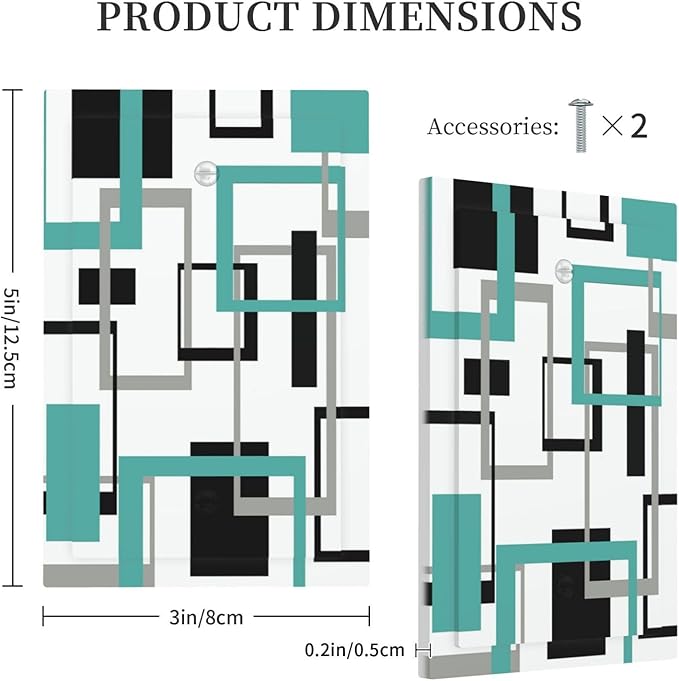 Geometric Turquoise Black Gray Modern Abstract Boho Light Switch Cover Plate 1 Gang No Device Blank Electrical Wall Plates Faceplate Decorative Switch Plate Covers for Office Nursery Decor
