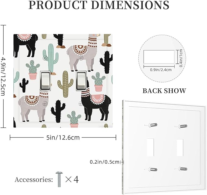 Playful Llamas & Cactuses Desert Pattern Double Toggle Switch Cover - 2-Gang Standard US Size Bohemian Desert Animals Light Switch Covers for Boys & Girls Bedroom Playroom Decor