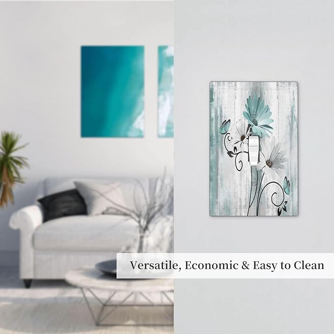 Teal Daisy Vintage Flower Butterfly Rustic Wood Print Decorative Light Switch Cover 1 Gang Single Toggle Device Electrical Faceplate Switchplates Decorator Outlet Wall Plate for Farmhouse Home Decor