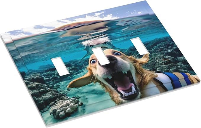 Decorative Light Switch Plate Covers Angry Shark Chased Funny Dog Underwater Sea 3 Gang Wall Plate Switch Cover Plate Triple Toggle Jumbo Electrical Faceplate for Bedroom Decor