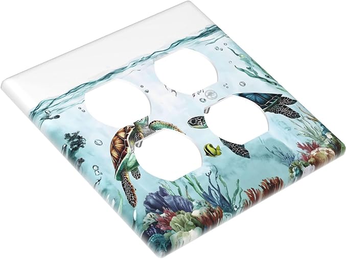Sea Turtles Sea Coral Seaweed Ocean Jellyfish Outlet Covers 2 Gang Double Duplex Decorative Light Switch Covers Electrical Wallplates Socket Faceplate for Kids Room Bathroom Decor