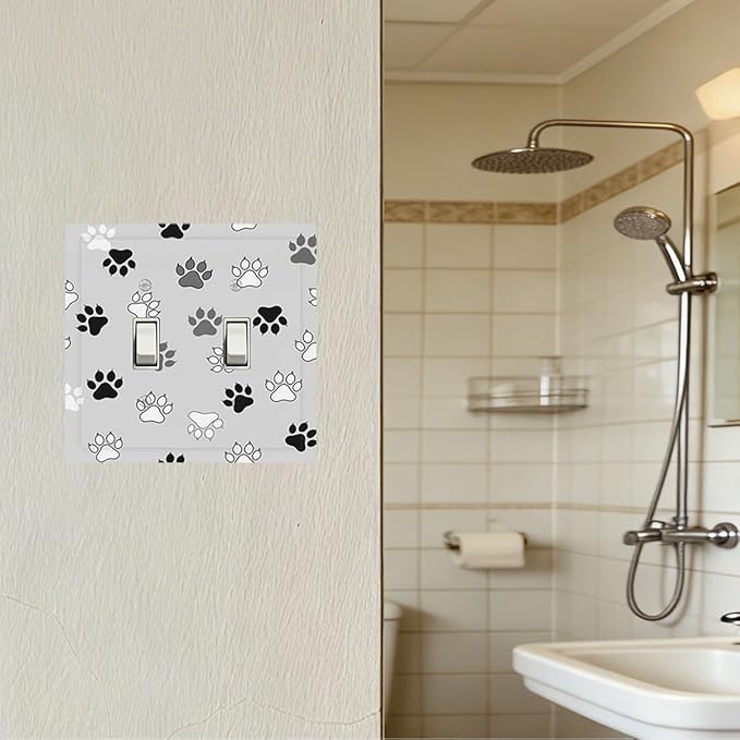 Monochrome Paw Print Double Toggle Switch Cover - 2-Gang Standard US Size Minimalist Dog Lover's Pet Paws Light Switch Covers, Neutral Tone for Pet Owners Decor
