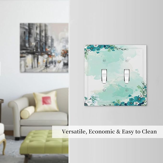 Decorative Switch Plates Blue Green Flowers Light Green Watercolor Patterns 2 Gang Double Toggle Wall Plate Outlet Light Switch Cover Electrical Faceplate for Bedroom Home Decor