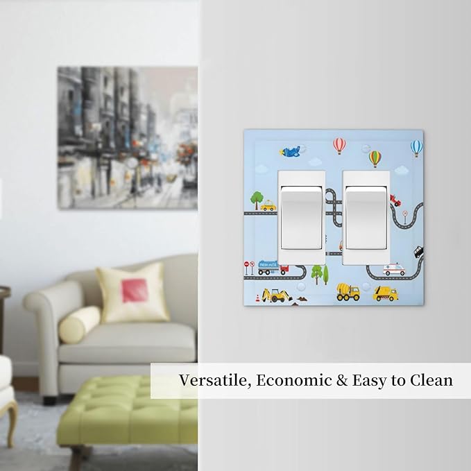 Road Construction Car Truck Hot Air Balloon Decorative Outlet Covers 2 Gang Double GFCI Rocker Electrical Wall Panels Light Switch Cover Plate for Nursery Kids Room Decor