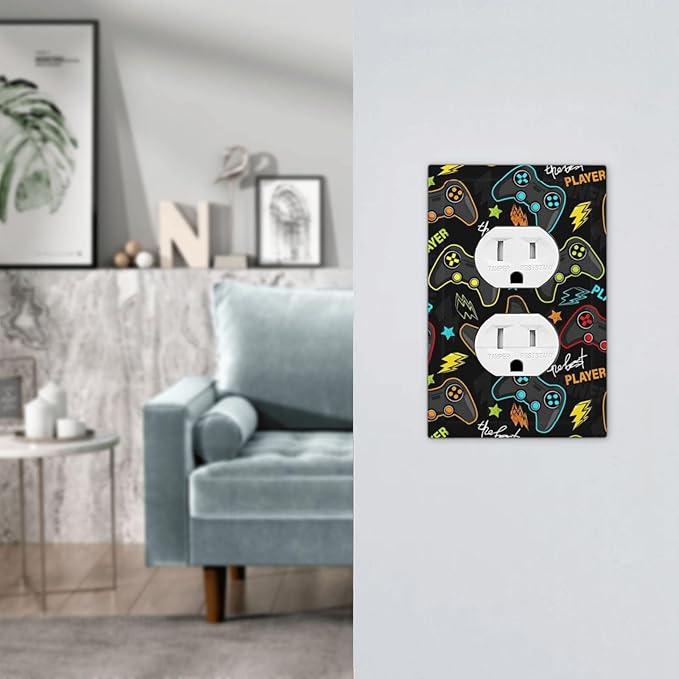 1 Gang Duplex Receptacle Switch Wall Plate Funny Graffiti Video Games Controller Gaming Gamer Teen Kids Boys Gamepad Switchplate Jumbo Size Electrical Outlet Cover Receptacle Plug Cover Faceplate