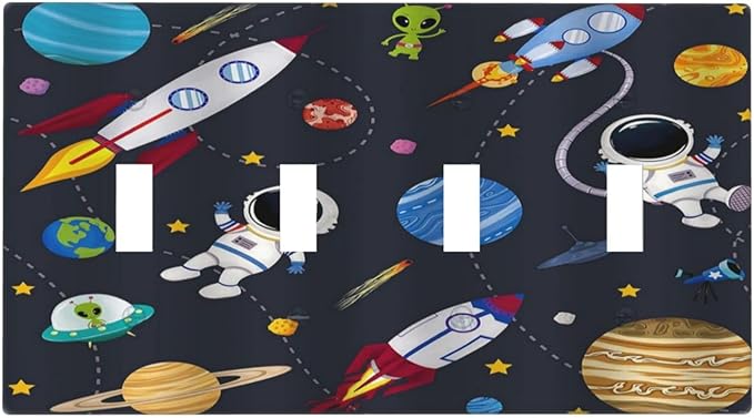 Rocket Planets Astronaut Blue Decorative 4 Gang Decorative light switch plate Quad Toggle Wall Plate Covers Switchplate Electrical Faceplate for Nursery Kidsroom Bedroom Decor