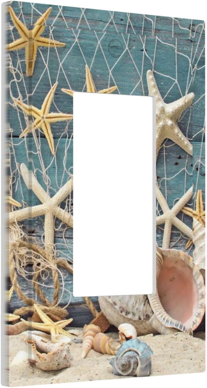 Nautical Beach Starfish Coral Conch Seashell Theme 1 Gang Rocker/Decorator GFCI Outlet Light Switch Wall Plate Cover Single Device Faceplate Turquoise Teal Wood Plank Board Decorative Switchplate