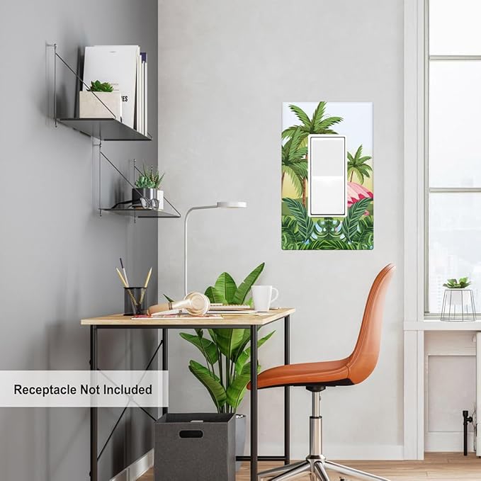 Beach Flamingo Single Rocker Wall Plate Summer Palm Tree Banana Monstera Leaf Tropical Plant Decorator Rocker Switch Plate Decorative 1 Gang Lightswitch Cover Home & Office