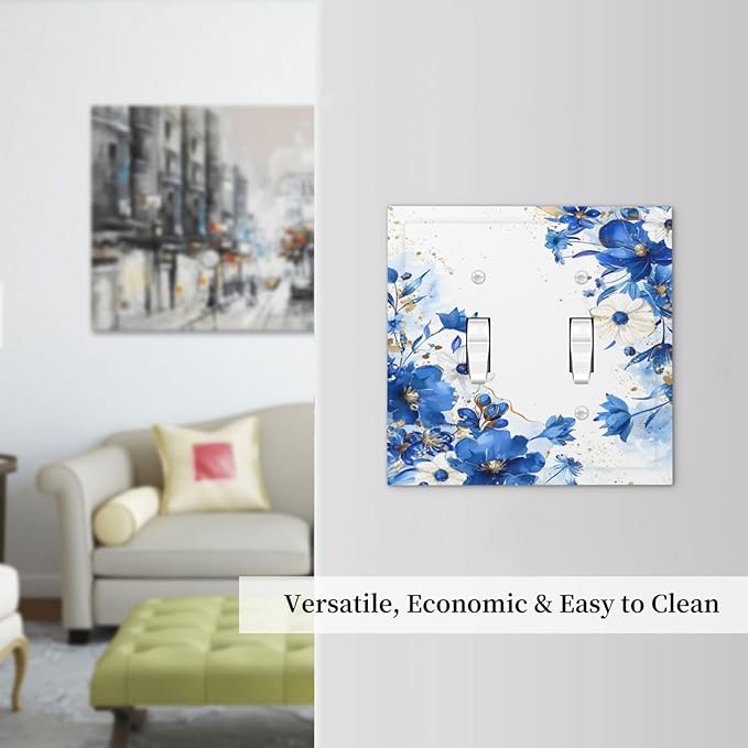 Klein Blue Flowers Watercolor Golden White Floral Decorative Switch Plates 2 Gang Double Toggle Outlet Light Switch Cover Wall Plate Electrical Faceplate for Bedroom Living Room Decor