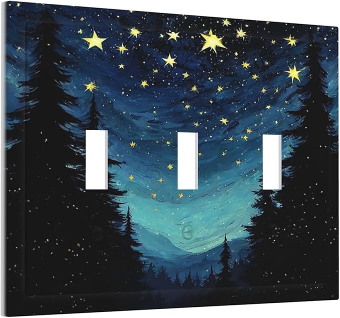 Decorative Switch Plates Blue Starry Sky Forest Painted Star Pine Tree Oil Painting 3 Gang Wall Plate Faceplate Triple Toggle Light Switch Cover Electrical Wall Panels for Bedroom Cabin