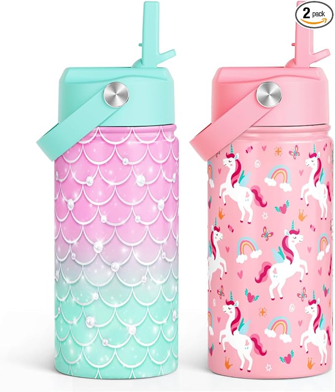 Kid Water Bottle 12oz with Straw Lid - 2-Pack Insulated Stainless Steel Water Bottles for Kids Girls - Travel Cup for Back to School Sports Christmas Birthday (Unicorn & Mermaid Scales)