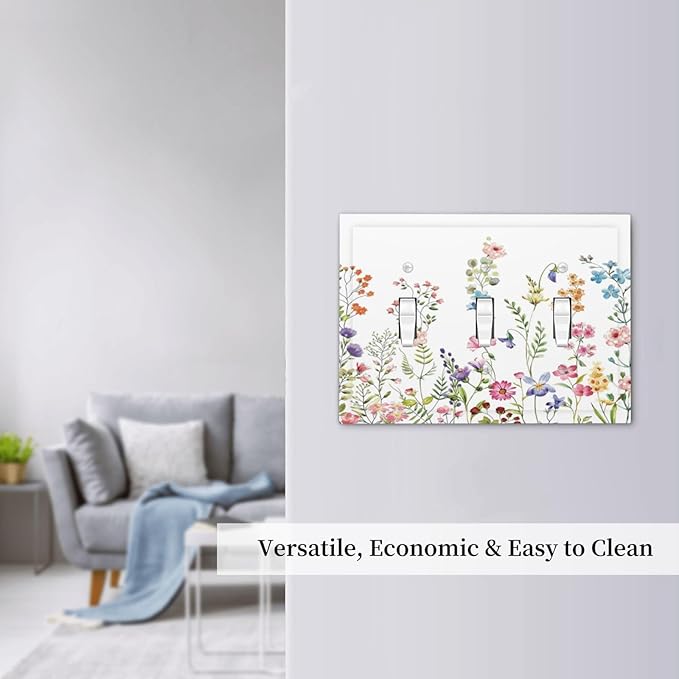 Boho Watercolor Wildflowers Floral Plants Flower Decorative Switch Plates 3 Gang Wall Plate Triple Toggle Light Switch Cover Faceplate Electrical Wall Panels for Bedroom Living Room Decor