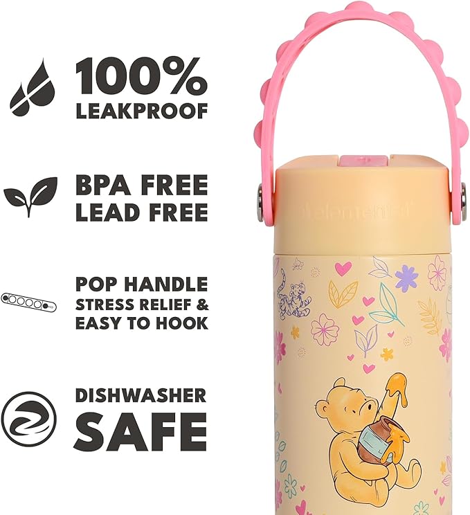 Elemental Insulated Kids Water Bottle, Stainless Steel Water Bottle with Straw Lid & Pop-It Handle, Leak-Proof Water Bottles for School, Boys or Girls, Travelling and Sports, 18oz - Classic Pooh