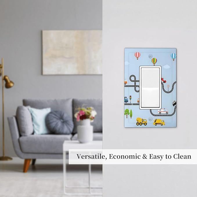 Road Construction Car Truck Hot Air Balloon Decorative Outlet Covers 1 Gang Single Rocker Light Switch Cover Plate Wall Plates GFCI Faceplate for Nursery Kids Room Decor