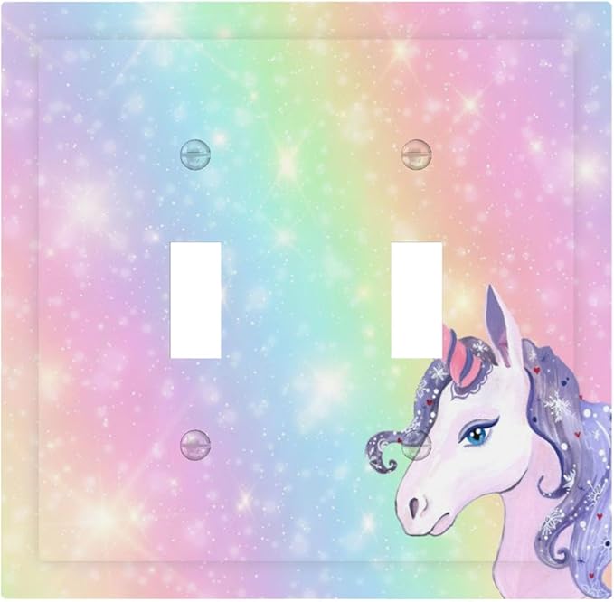 Rainbow Unicorn Double Toggle Switch Cover - 2-Gang Standard US Size Pastel Galaxy Sparkle Light Switch Covers, Magical Fantasy for Boys & Girls Bedroom