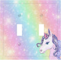 Rainbow Unicorn Double Toggle Switch Cover - 2-Gang Standard US Size Pastel Galaxy Sparkle Light Switch Covers, Magical Fantasy for Boys & Girls Bedroom