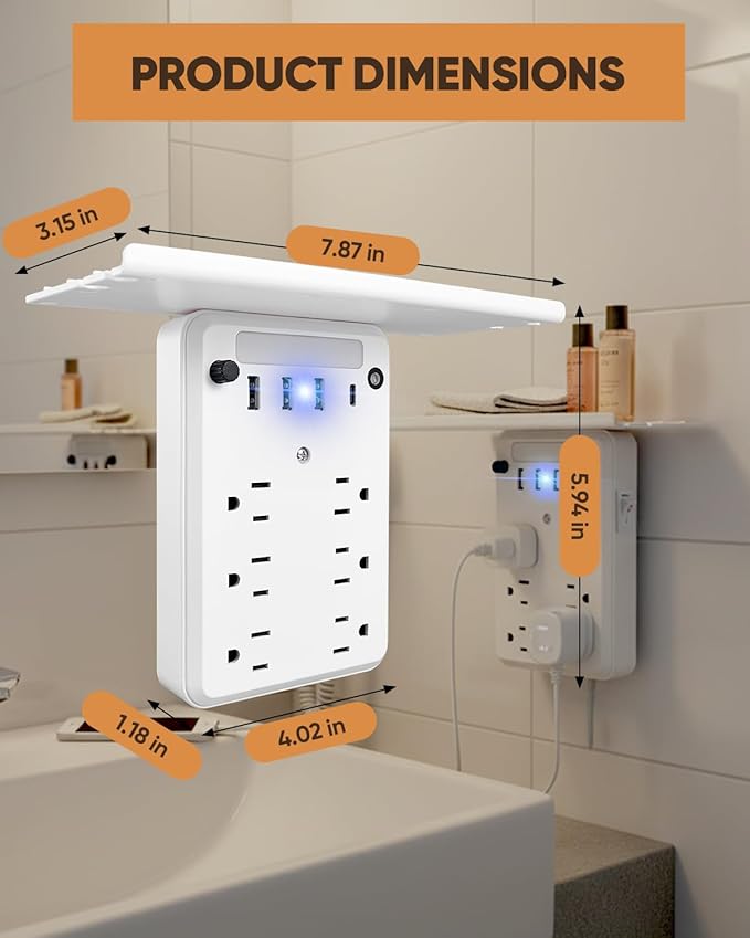 Saker Multi-Plug Outlet with Night Light,Wall Outlet Extender Surge Protector with 6 AC Outlets, 4 USB Ports(1 USB C), Overtop Power Charger with Outlet Shelf for Homes and Dormitories