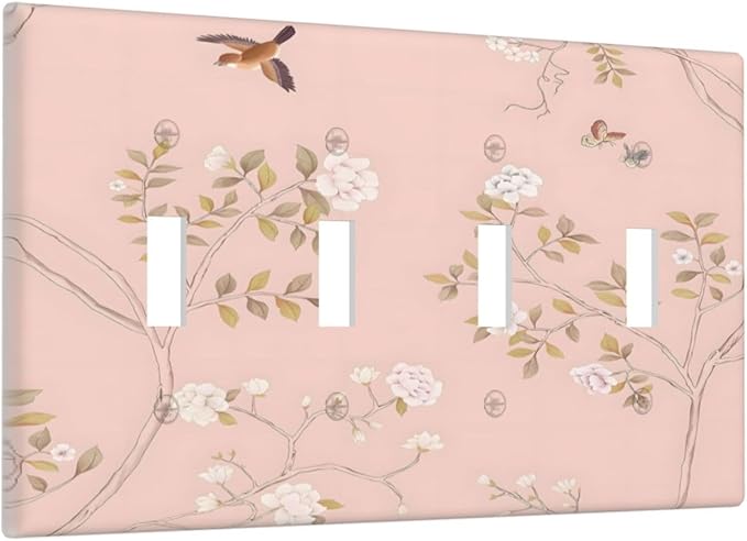 Pink Background Flowers Bird Butterflies Floral Light Switch Covers Quad Toggle Electrical Faceplate 4 Gang Wall Plate Decorative Switch Plates Cover for Bedroom Living Room Decor